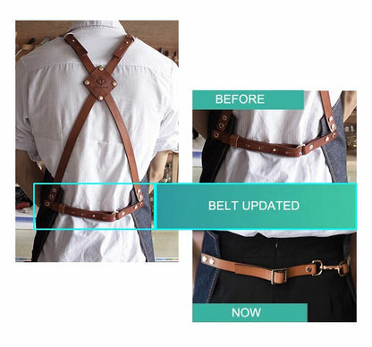 Jeans denim Apron For Kitchen / Coffe Shop Studio Leather Belt Cross Straps Logo