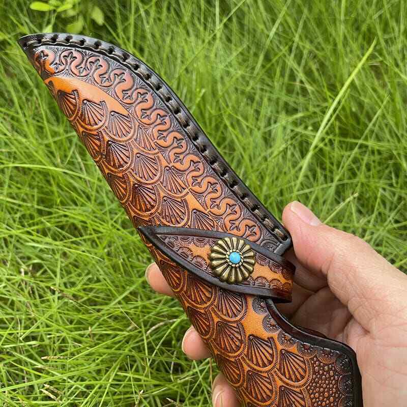 Veg Tanned Carved Leather Sheath For Outdoor Knife Protect Case Cover Belt Clip