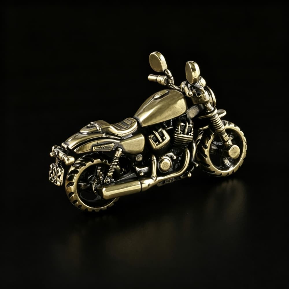 Brass Harley Style Motorcycle Ornament Rotating Front Wheel Collectible