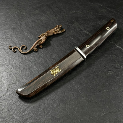 Damascus Ebony Fixed Blade Outdoor Survival Knife Samurai Sword w/ Demon Sheath