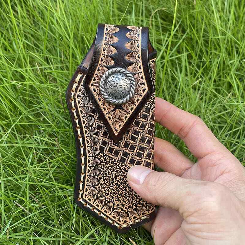 Veg Tanned Carved Leather Sheath For Outdoor Knife Protect Case Cover Belt Clip