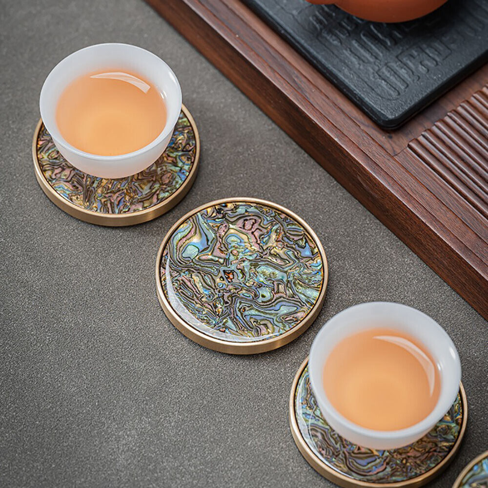 Brass Edged Shell Inlay Inlaid Round Heat-Resistant Coaster In Enamel Art Style 7pcs/Set