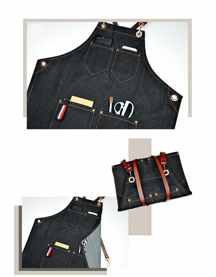 Denim Apron for Kitchen /Coffe Shop Studio Leather Belt X Straps Custom Logo #D