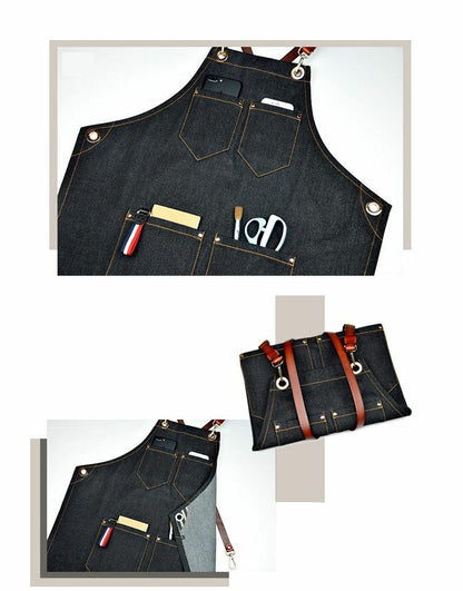Denim Apron for Kitchen /Coffe Shop Studio Leather Belt X Straps Custom Logo #D