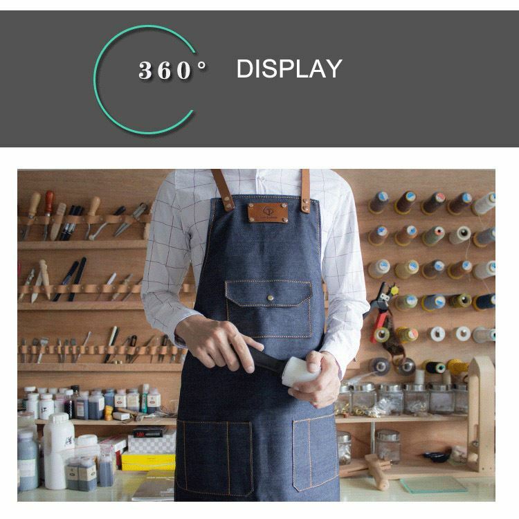 Jeans denim Apron For Kitchen / Coffe Shop Studio Leather Belt Cross Straps Logo