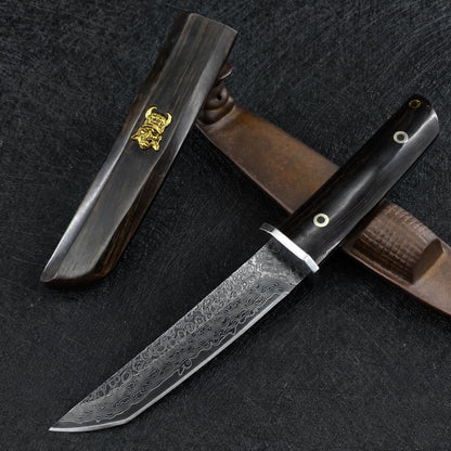 Damascus Ebony Fixed Blade Outdoor Survival Knife Samurai Sword w/ Demon Sheath
