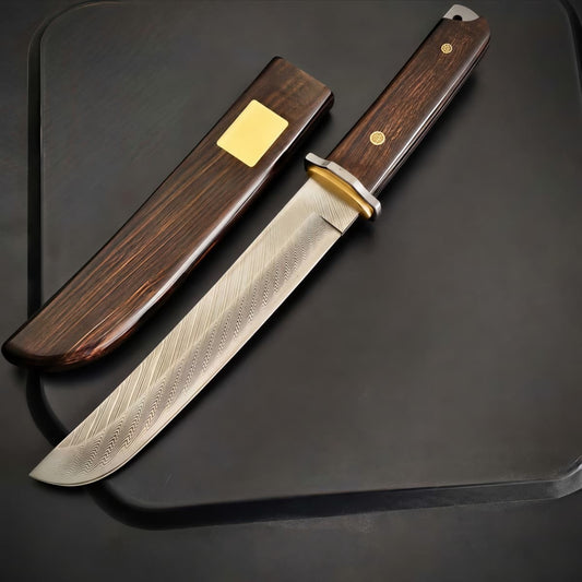 Damascus Steel Fixed Blade Camping Knife Wood Handle w/ Sheath Outdoor Survival
