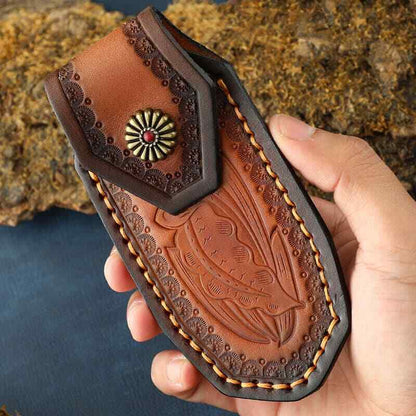 Hand Craft Carved Cowhide Leather Sheath For Folding Knife Cover Pouch Belt Clip