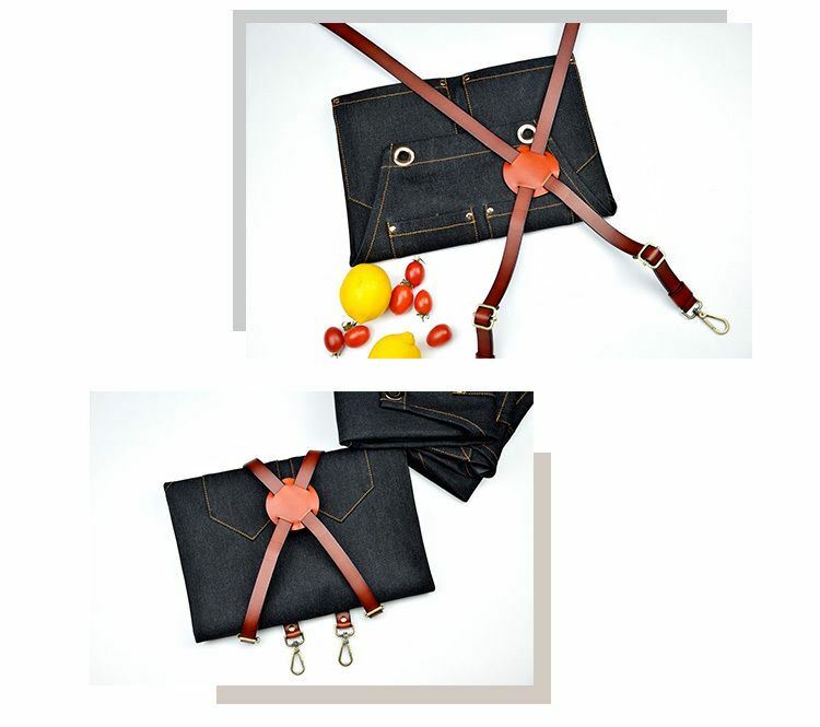 Denim Apron for Kitchen /Coffe Shop Studio Leather Belt X Straps Custom Logo #D