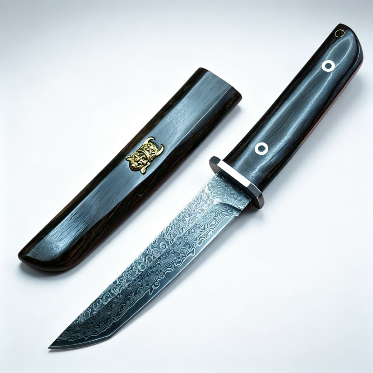 Damascus Ebony Fixed Blade Outdoor Survival Knife Samurai Sword w/ Demon Sheath