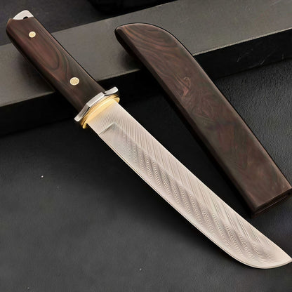 Damascus Steel Fixed Blade Camping Knife Wood Handle w/ Sheath Outdoor Survival