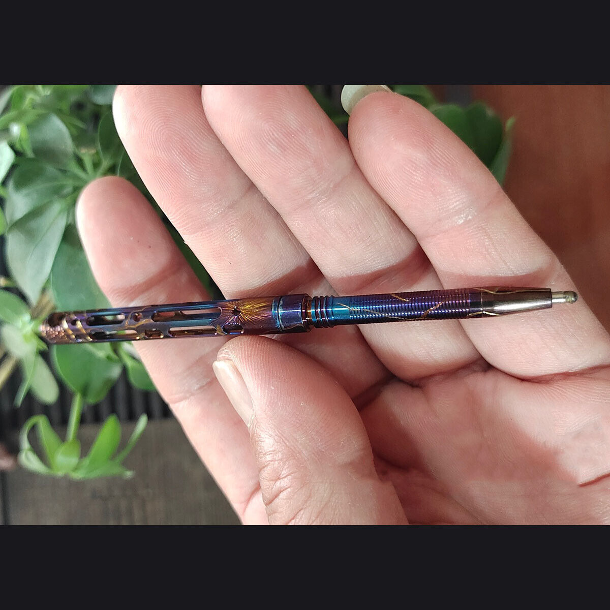 Mini Titanium Alloy Hand Carved Baked Blue Pen Portable Pendant EDC Gift