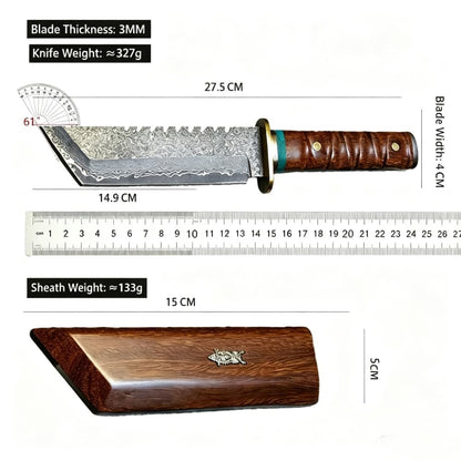 Damascus Steel Fixed Blade Machete Wood Handle Outdoor Camping Survival Knife