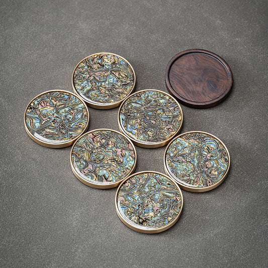 Brass Edged Shell Inlay Inlaid Round Heat-Resistant Coaster In Enamel Art Style 7pcs/Set