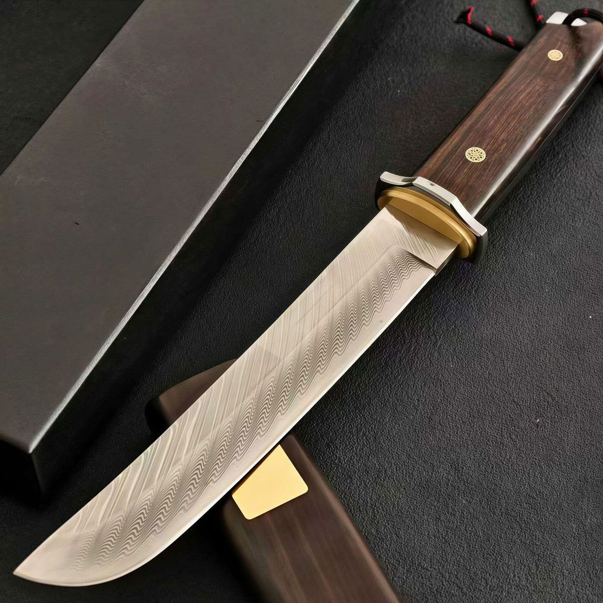Damascus Steel Fixed Blade Camping Knife Wood Handle w/ Sheath Outdoor Survival