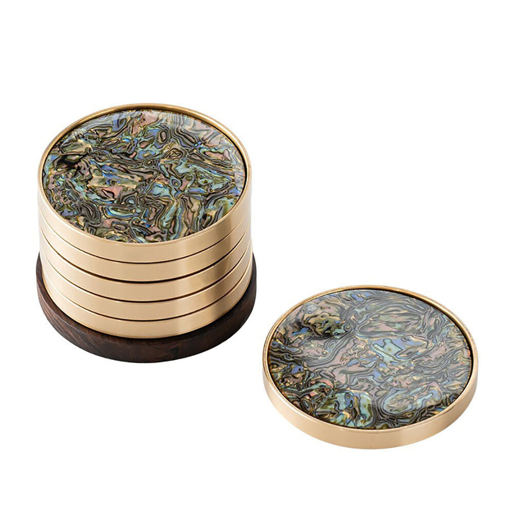 Brass Edged Shell Inlay Inlaid Round Heat-Resistant Coaster In Enamel Art Style 7pcs/Set