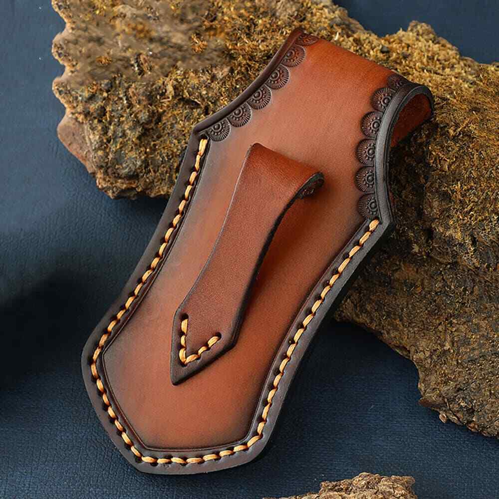 Hand Craft Carved Cowhide Leather Sheath For Folding Knife Cover Pouch Belt Clip