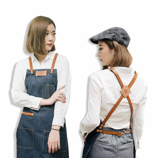 Denim Apron for Kitchen /Coffe Shop Studio Leather Belt Cross Straps Custom Logo
