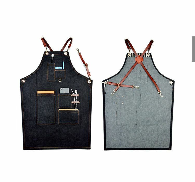 Denim Apron for Kitchen / Coffe Shop Studio Leather Belt X Straps Custom Logo #A