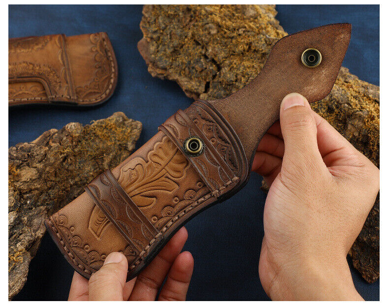 Hand Made Carved Veg Tanned Leather Sheath Folding Knife Cover Pouch Belt Clip