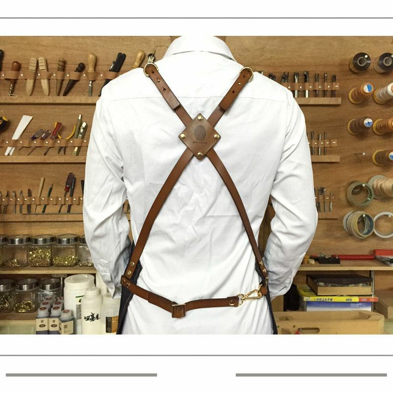Denim Apron for Kitchen /Coffe Shop Studio Leather Belt Cross Straps Custom Logo