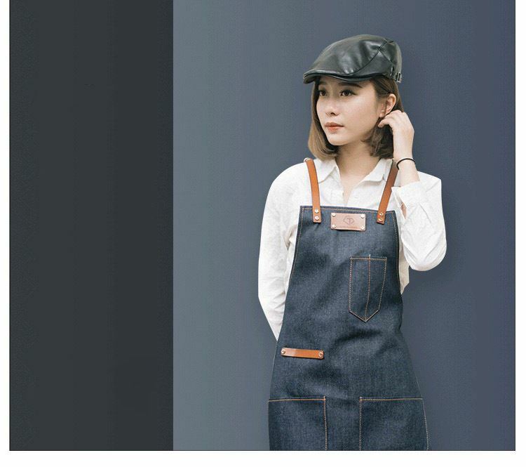 Denim Apron for Kitchen /Coffe Shop Studio Leather Belt Cross Straps Custom Logo