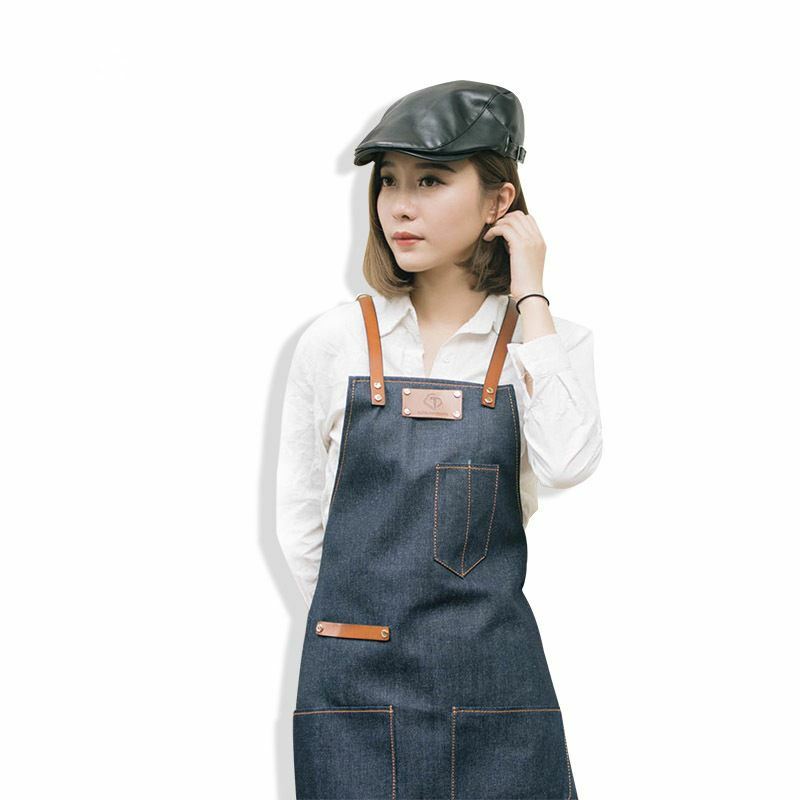 Denim Apron for Kitchen /Coffe Shop Studio Leather Belt Cross Straps Custom Logo