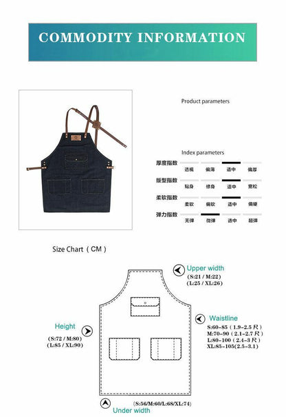 Jeans denim Apron For Kitchen / Coffe Shop Studio Leather Belt Cross Straps Logo
