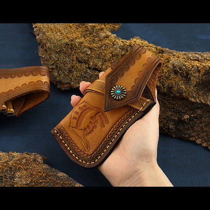 Hand Made Carved Veg Tanned Leather Sheath Folding Knife Cover Pouch Belt Clip