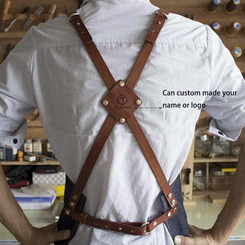 Jeans denim Apron For Kitchen / Coffe Shop Studio Leather Belt Cross Straps Logo