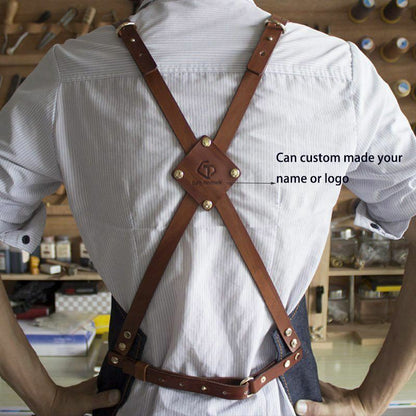 Jeans denim Apron For Kitchen / Coffe Shop Studio Leather Belt Cross Straps Logo