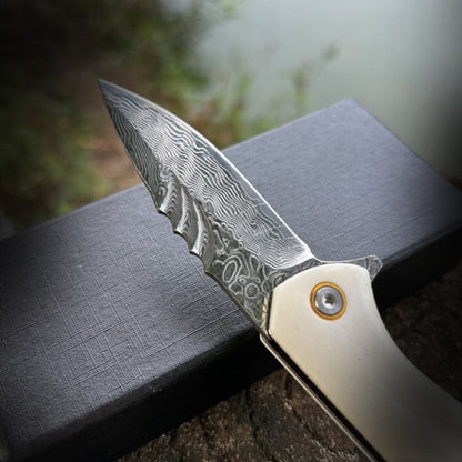 VG10 Damascus Folding Pocket Knife Bone Handle Outdoor Camping EDC Fruit Knife