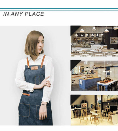 Denim Apron for Kitchen /Coffe Shop Studio Leather Belt Cross Straps Custom Logo