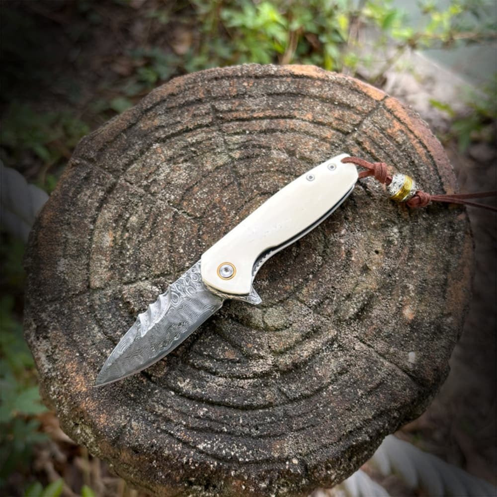 VG10 Damascus Folding Pocket Knife Bone Handle Outdoor Camping EDC Fruit Knife