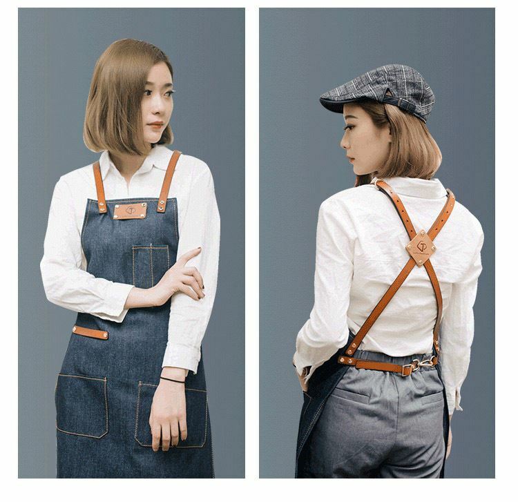 Denim Apron for Kitchen /Coffe Shop Studio Leather Belt Cross Straps Custom Logo