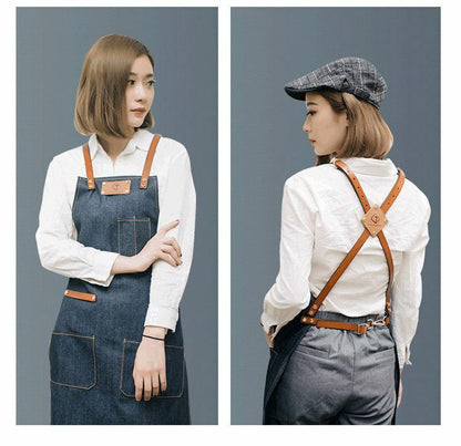 Denim Apron for Kitchen /Coffe Shop Studio Leather Belt Cross Straps Custom Logo