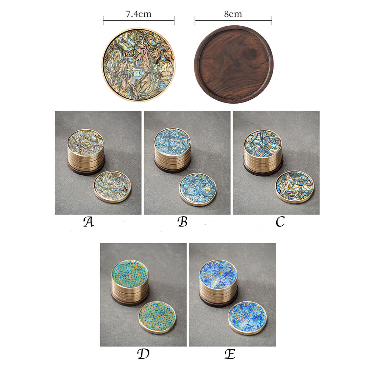 Brass Edged Shell Inlay Inlaid Round Heat-Resistant Coaster In Enamel Art Style 7pcs/Set