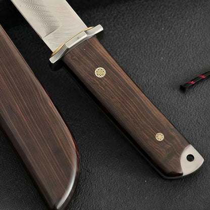Damascus Steel Fixed Blade Camping Knife Wood Handle w/ Sheath Outdoor Survival