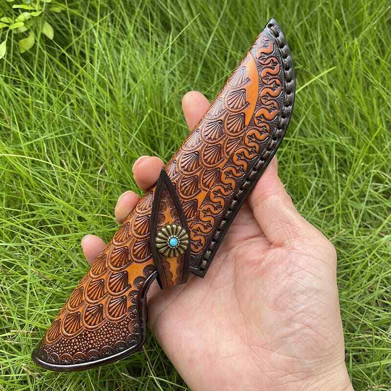 Veg Tanned Carved Leather Sheath For Outdoor Knife Protect Case Cover Belt Clip