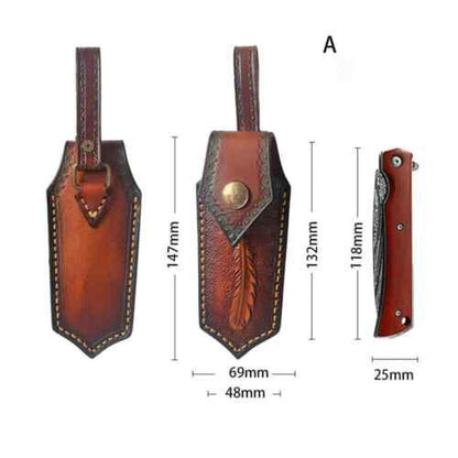 Hand Craft Carved Cowhide Leather Sheath For Folding Knife Cover Pouch Belt Clip