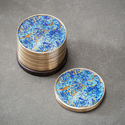 Brass Edged Shell Inlay Inlaid Round Heat-Resistant Coaster In Enamel Art Style 7pcs/Set