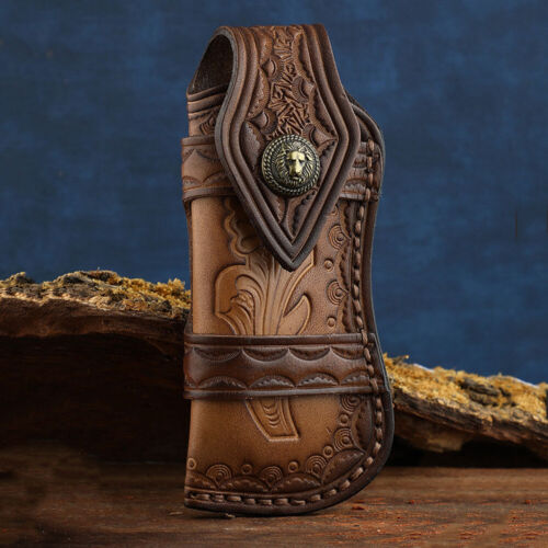 Hand Made Carved Veg Tanned Leather Sheath Folding Knife Cover Pouch Belt Clip