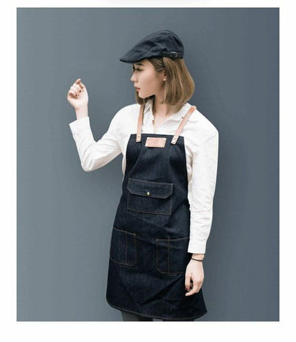Jeans denim Apron For Kitchen / Coffe Shop Studio Leather Belt Cross Straps Logo