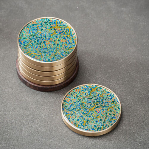 Brass Edged Shell Inlay Inlaid Round Heat-Resistant Coaster In Enamel Art Style 7pcs/Set