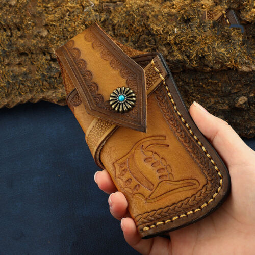 Hand Made Carved Veg Tanned Leather Sheath Folding Knife Cover Pouch Belt Clip