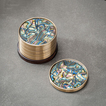 Brass Edged Shell Inlay Inlaid Round Heat-Resistant Coaster In Enamel Art Style 7pcs/Set