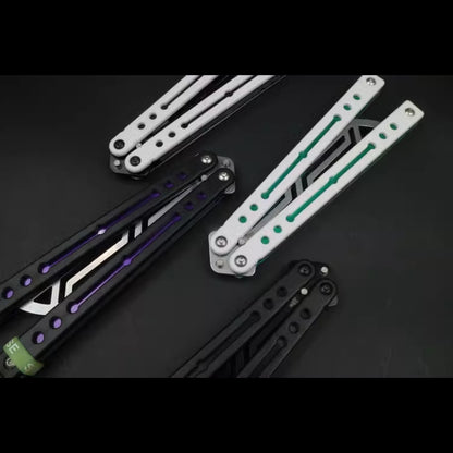 Steel Nautilus Trainer Balisong Butterfly Knife Glow-in-the-Dark Weights, Bushings & Screw Pivot, Unsharpened for Practice & Flipping