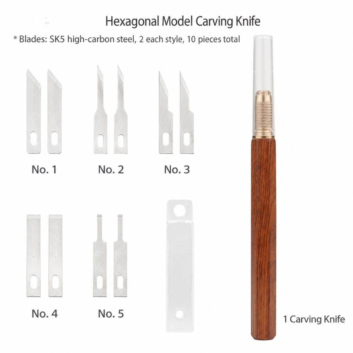 Hexagonal Wood Handle Carving Knife with Cap Replaceable Alloy Blade for Models