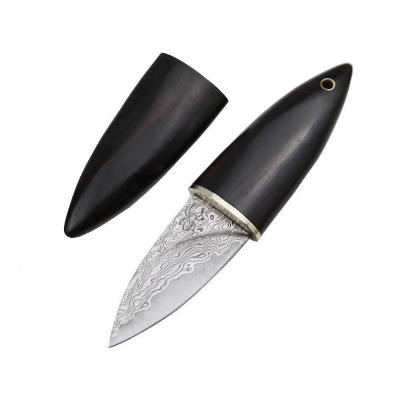 Mini Damascus Fixed Blade Knife Olive Design Ebony Wood Handle Sheath EDC Outdoor Tool Samurai Style EDC Camping, Hunting, Self-defense Tactics, Practical Survival