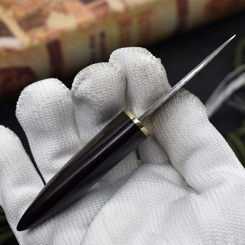 Mini Damascus Fixed Blade Knife Olive Design Ebony Wood Handle Sheath EDC Outdoor Tool Samurai Style EDC Camping, Hunting, Self-defense Tactics, Practical Survival